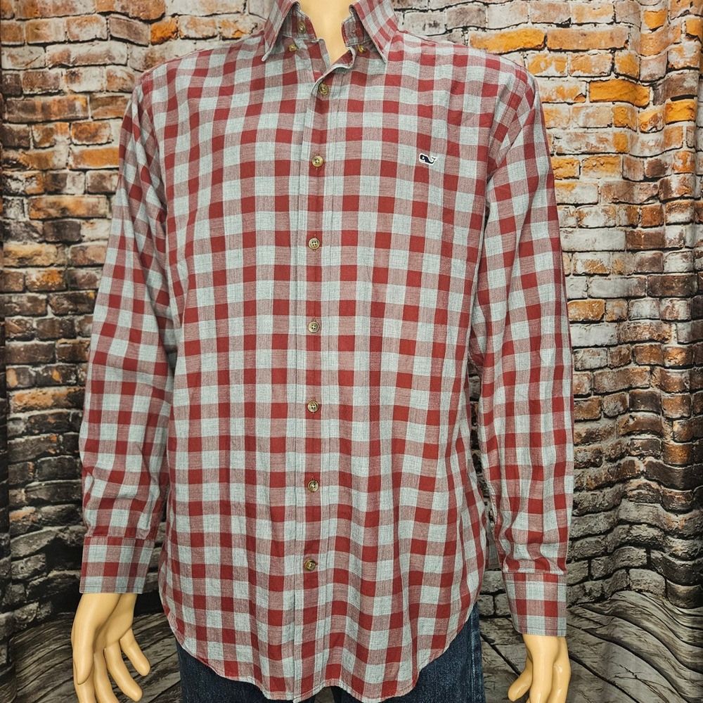 Vineyard Vines Mens Slim Fit Whale Shirt Burgundy Grey Buffalo Plaid L 1W1182